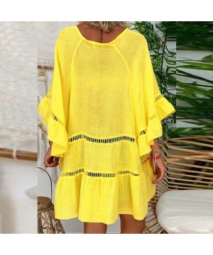 Thermal Underwear Women's Plus Size Solid Cotton and Linen Shirt Hollow Out V-Neck Pullover Tops - Yellow - C218YWIRX88