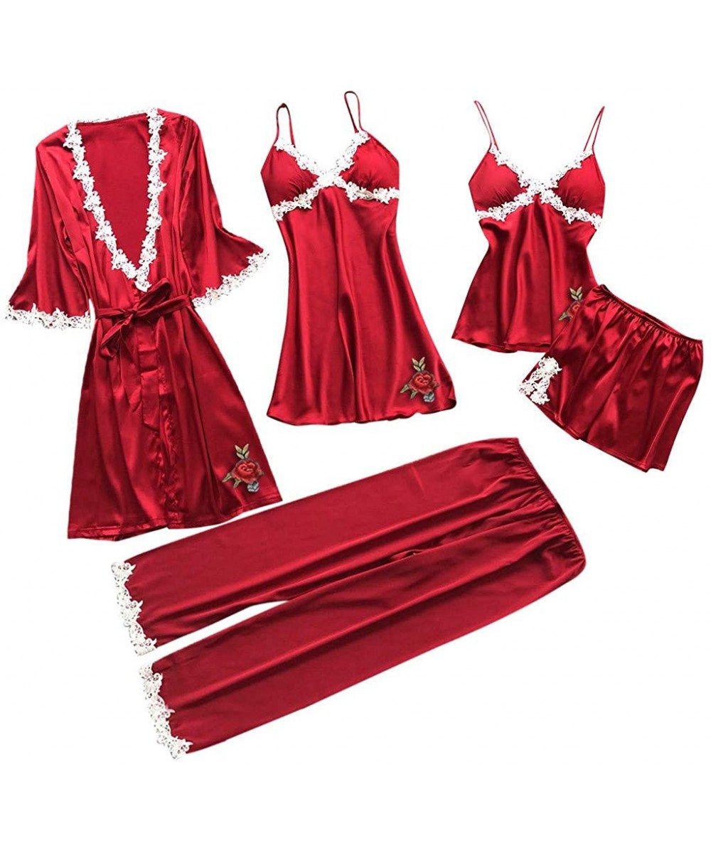 Nightgowns & Sleepshirts 5 PCS Sleepwear Women's Chemise Nightgown Full Slip Lace Lounge Dress - Red - C318Q8K6YZ3