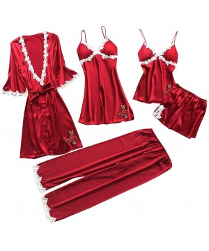 Nightgowns & Sleepshirts 5 PCS Sleepwear Women's Chemise Nightgown Full Slip Lace Lounge Dress - Red - C318Q8K6YZ3