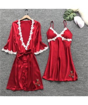 Nightgowns & Sleepshirts 5 PCS Sleepwear Women's Chemise Nightgown Full Slip Lace Lounge Dress - Red - C318Q8K6YZ3