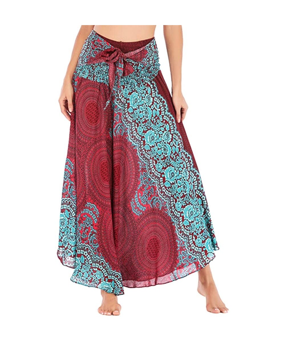 Slips Women Bohemian 2 in 1 Long Skirt Long Hippie Gypsy Tie Up Halter Dress Elastic Waist Beach Maxi Skirt - Red - CR196N37OEM