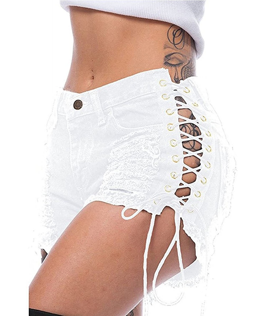 Bottoms Women's Denim Shorts High Waist Skinny Hot Pants Summer Side Strappy - White - CV19E726C89