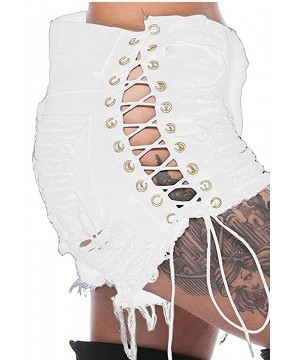 Bottoms Women's Denim Shorts High Waist Skinny Hot Pants Summer Side Strappy - White - CV19E726C89