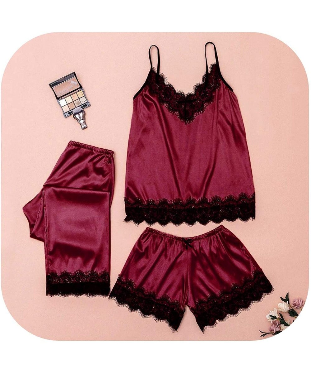 Sets Womens Sleepwear Sexy Satin Pajama Set Black Lace V Neck Pyjamas Sleeveless Cute Shorts Sexy Lingerie Wine 3pcs - C61908...