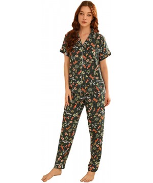 Sets Women Cute 2PCS Pajamas Short Sleeve Top Long Pants Casual Floral Animal Print Satin PJ Set - Green - C119DHZYL0N