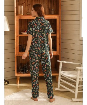 Sets Women Cute 2PCS Pajamas Short Sleeve Top Long Pants Casual Floral Animal Print Satin PJ Set - Green - C119DHZYL0N