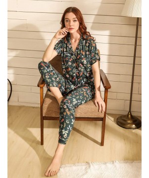 Sets Women Cute 2PCS Pajamas Short Sleeve Top Long Pants Casual Floral Animal Print Satin PJ Set - Green - C119DHZYL0N