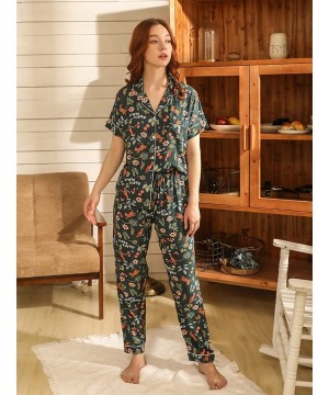 Sets Women Cute 2PCS Pajamas Short Sleeve Top Long Pants Casual Floral Animal Print Satin PJ Set - Green - C119DHZYL0N