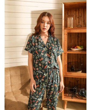 Sets Women Cute 2PCS Pajamas Short Sleeve Top Long Pants Casual Floral Animal Print Satin PJ Set - Green - C119DHZYL0N