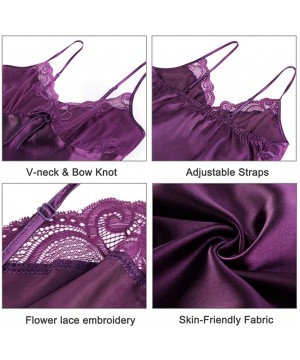 Robes Sexy Slip Satin Sleepwear Lace Cami Flower V-Neck Floral Silk Kimono Robe Women - Purple - CC1870I7YCM