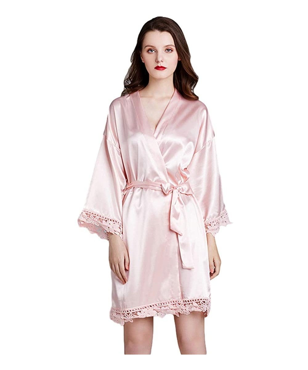 Robes Ladies Pure Color Kimono Robes Short Satin Nightwear Bridesmaids Lingerie Sleepwear Dressing Gown - Pink - CL197YO4RKE