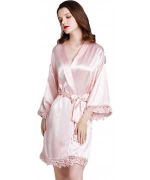 Robes Ladies Pure Color Kimono Robes Short Satin Nightwear Bridesmaids Lingerie Sleepwear Dressing Gown - Pink - CL197YO4RKE