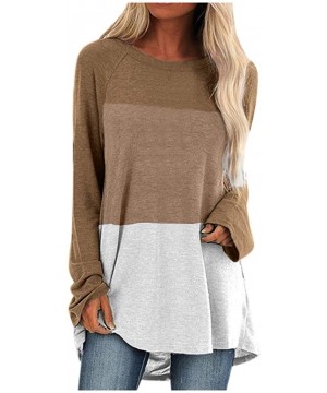 Slips Women Casual Full Tunic Tops Loose Fit Color Block Round Neck Sweatshirt Blouse Plus Size - Khaki-6 - CQ1934SHZ5R