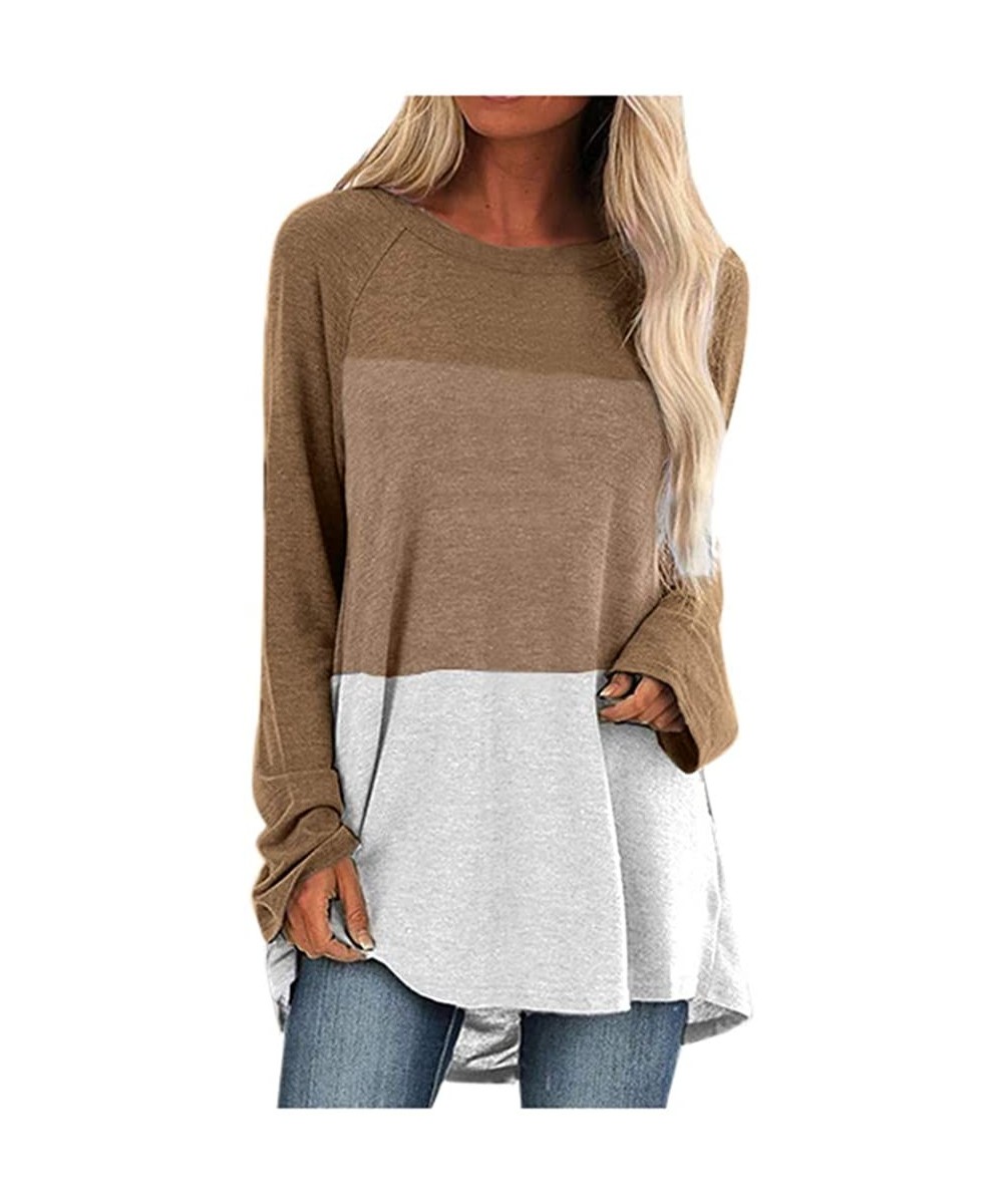 Slips Women Casual Full Tunic Tops Loose Fit Color Block Round Neck Sweatshirt Blouse Plus Size - Khaki-6 - CQ1934SHZ5R