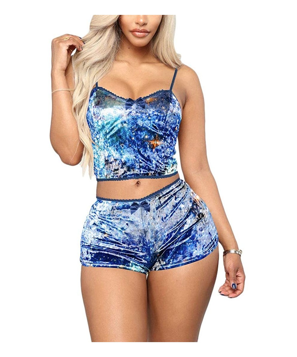 Sets Women's Vintage Velvet 2 piece outfit Spaghetti Strap Crop Top and Shorts - Starry Blue - C819DCYUXDI