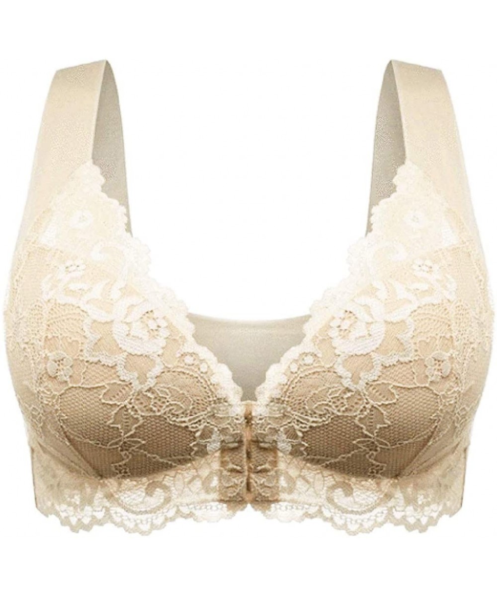 Slips Women's Adjustable Sports Front Closure Extra-Elastic Breathable Lace Trim Bra - Beige - CT18XXXQZ5A