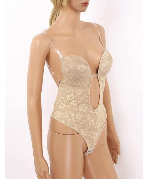 Bustiers & Corsets Women Plunging V-Neck Clear Straps Backless Bodysuit Thong Bridal Shapewear - 2 Khaki - C7197XURDG5