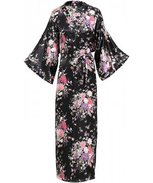 Robes Women Long Robe Print Flower Peacock Bathrobe Gown Bride Wedding Robes - Black Flower a - CQ18XKI570S