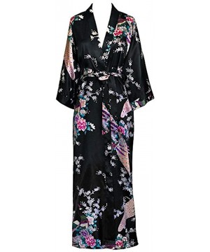 Robes Women Long Robe Print Flower Peacock Bathrobe Gown Bride Wedding Robes - Black Flower a - CQ18XKI570S