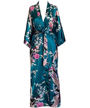 Robes Women Long Robe Print Flower Peacock Bathrobe Gown Bride Wedding Robes - Black Flower a - CQ18XKI570S