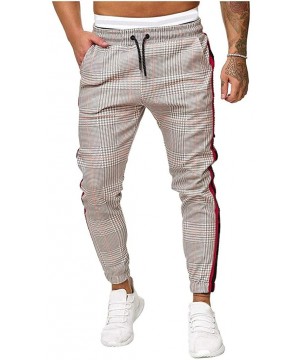 Bikinis Mens Joggers Pants Slim-fit Gym Sport Workout Sweatpants Plaid Stripe Printing Pocketed Pants - Khaki - C018A4YI7IK