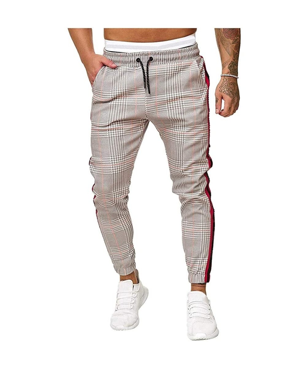 Bikinis Mens Joggers Pants Slim-fit Gym Sport Workout Sweatpants Plaid Stripe Printing Pocketed Pants - Khaki - C018A4YI7IK