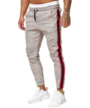 Bikinis Mens Joggers Pants Slim-fit Gym Sport Workout Sweatpants Plaid Stripe Printing Pocketed Pants - Khaki - C018A4YI7IK