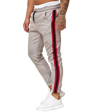 Bikinis Mens Joggers Pants Slim-fit Gym Sport Workout Sweatpants Plaid Stripe Printing Pocketed Pants - Khaki - C018A4YI7IK