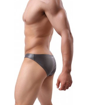 Briefs Men's Low Waist Briefs Underwear Sexy Faux Leather Bikini Bottom B1162 - Gray - C018GGXD93X