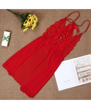 Baby Dolls & Chemises Low-cut Bare Back Strap Sexy Lace Pajamas Sleepwear (Red L2) - Red - C318CRGCCL0