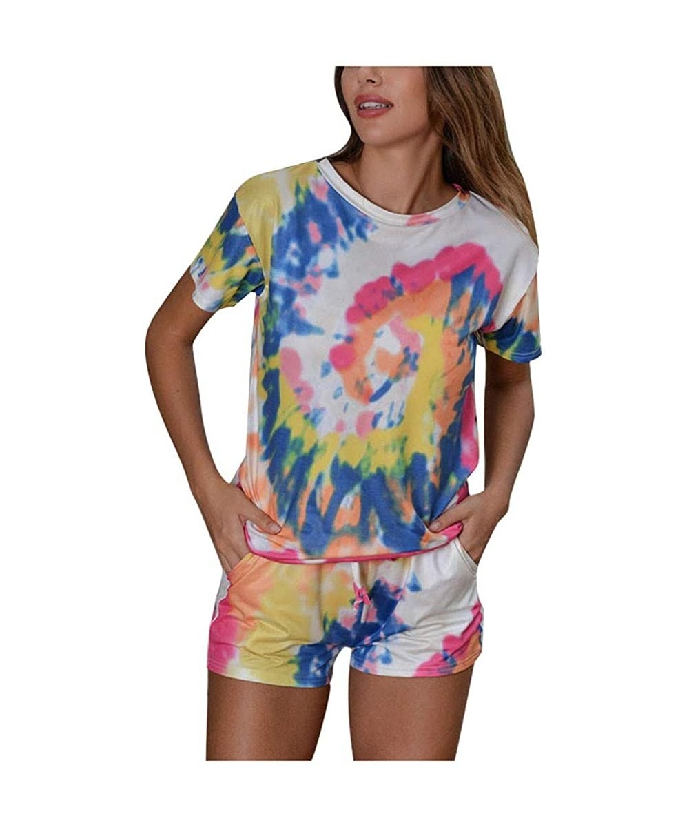 Accessories Womens Casual Summer New Tie-Dye Home Wear Sports Short Sleeve Suit Pajamas Set - White - CK190R6SA08