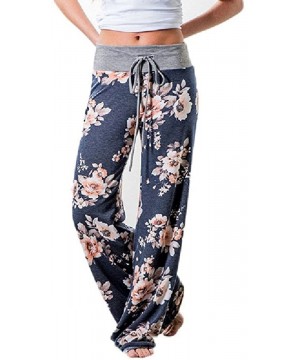 Bottoms Women's Comfy Stretch Floral Drawstring Palazzo Wide Leg Lounge Pants - Gray Waist/ Navy - CH18E4ZNUHM