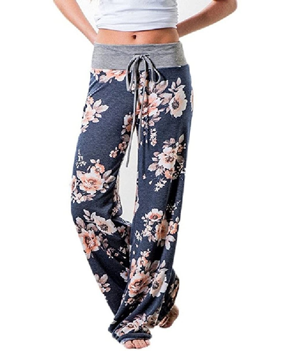 Bottoms Women's Comfy Stretch Floral Drawstring Palazzo Wide Leg Lounge Pants - Gray Waist/ Navy - CH18E4ZNUHM