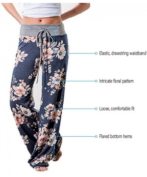 Bottoms Women's Comfy Stretch Floral Drawstring Palazzo Wide Leg Lounge Pants - Gray Waist/ Navy - CH18E4ZNUHM