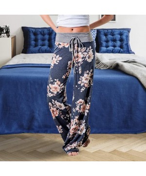 Bottoms Women's Comfy Stretch Floral Drawstring Palazzo Wide Leg Lounge Pants - Gray Waist/ Navy - CH18E4ZNUHM