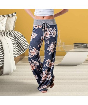 Bottoms Women's Comfy Stretch Floral Drawstring Palazzo Wide Leg Lounge Pants - Gray Waist/ Navy - CH18E4ZNUHM