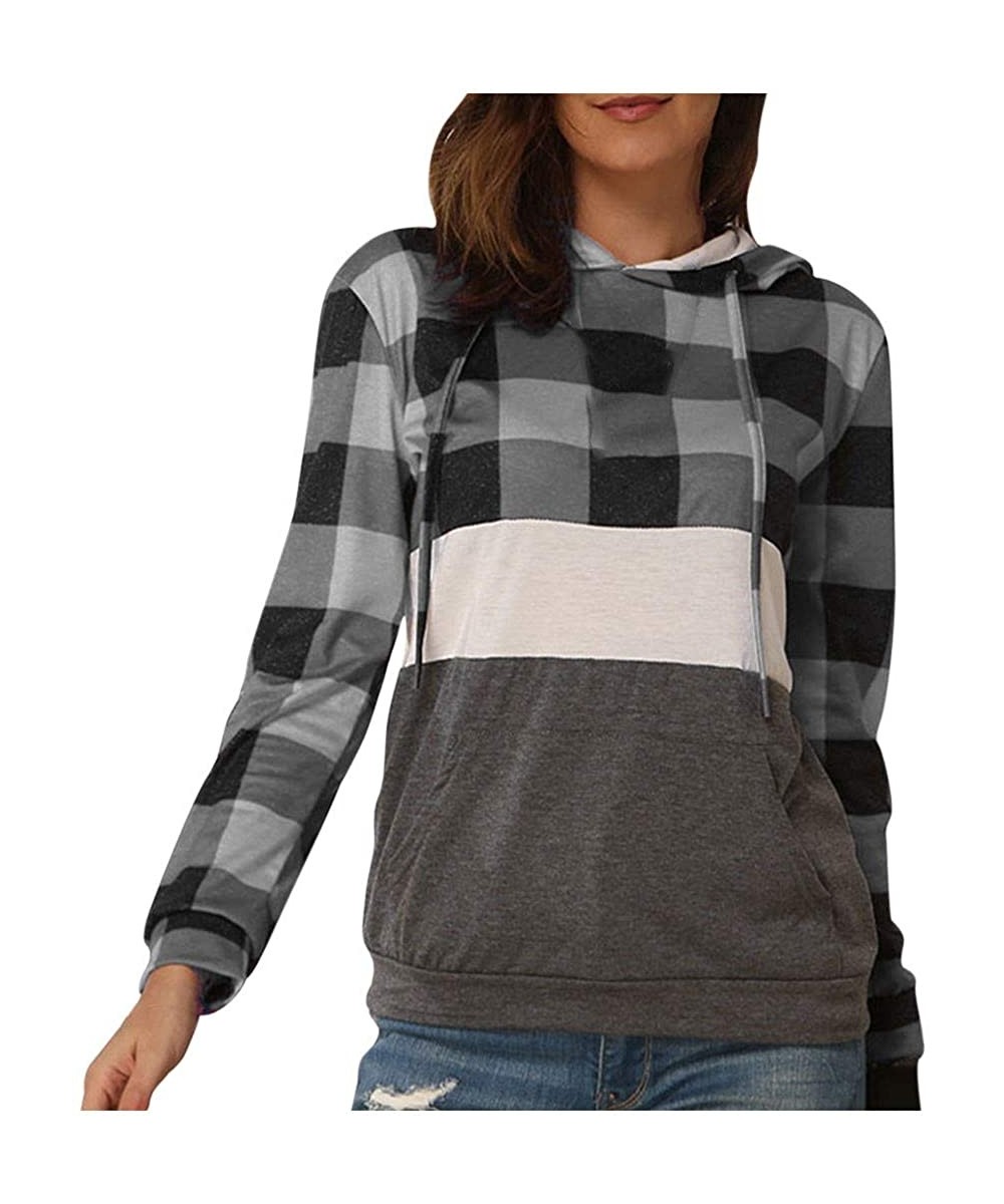 Garters & Garter Belts Womens Plaid Patchwork Hooded Sweatshirt Casual Long Sleeve Hoodies Tops Sport Coat - Gray - CB1967SNUKH