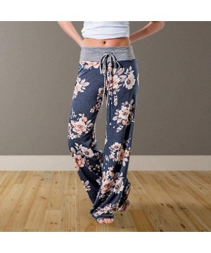 Bottoms Women's Comfy Stretch Floral Drawstring Palazzo Wide Leg Lounge Pants - Gray Waist/ Navy - CH18E4ZNUHM