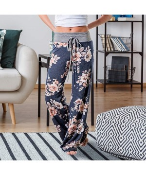 Bottoms Women's Comfy Stretch Floral Drawstring Palazzo Wide Leg Lounge Pants - Gray Waist/ Navy - CH18E4ZNUHM