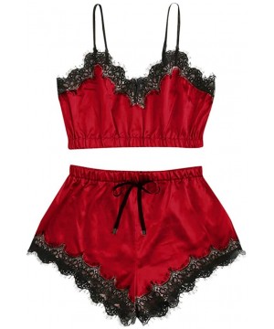 Sets Women Sleepwear Sleeveless Strap Nightwear Lace Trim Satin Cami Top Pajama Sets - Red - C31987CSK4G