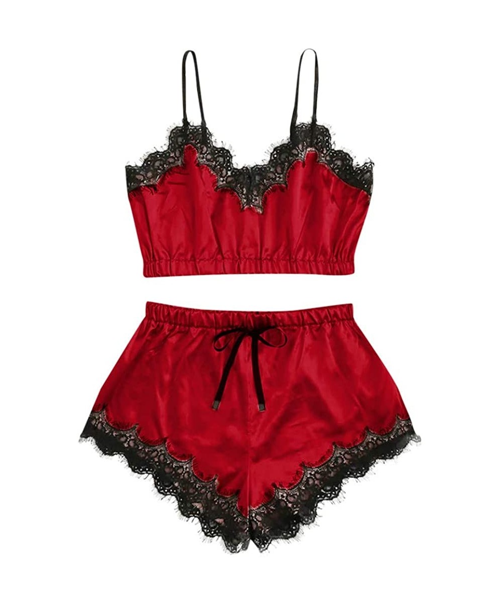 Sets Women Sleepwear Sleeveless Strap Nightwear Lace Trim Satin Cami Top Pajama Sets - Red - C31987CSK4G