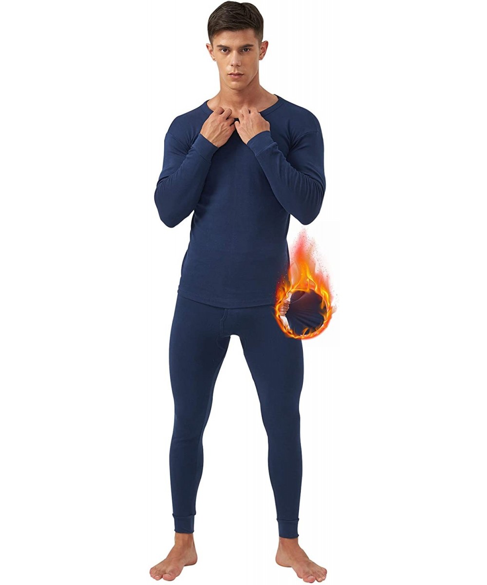 Thermal Underwear Men Seamless Underwear V&Crew Neck Thermal Strechy Heating Long John Suit - Crew-dark Blue - CX18ZUR96ZG