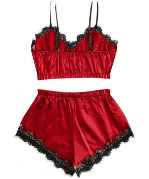 Sets Women Sleepwear Sleeveless Strap Nightwear Lace Trim Satin Cami Top Pajama Sets - Red - C31987CSK4G