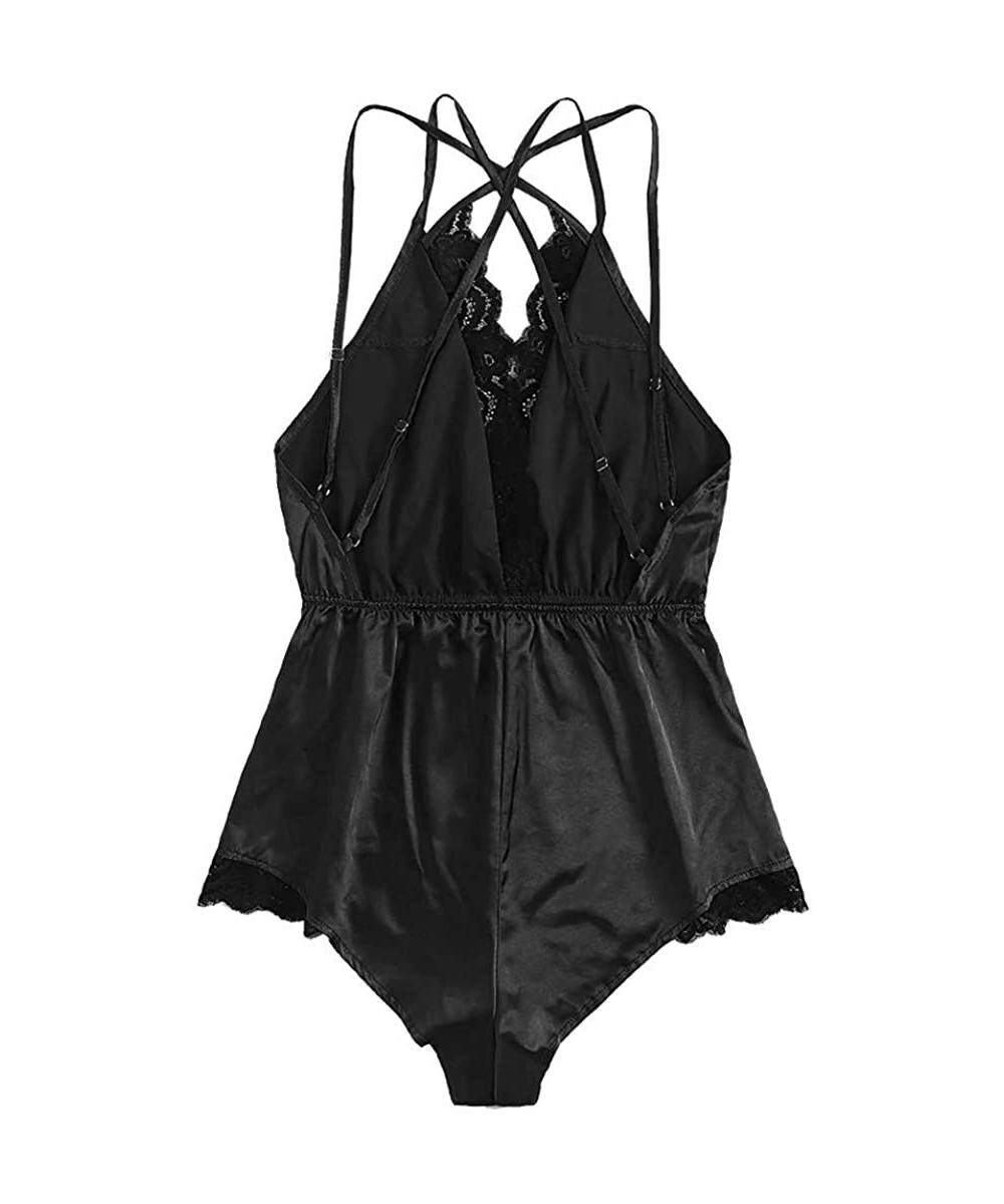 Robes Sexy Bodysuit Jumpsuit Lace Satin Silk Sleepwear Sexy One-piece Lingerie Casual Underwear - Black - C0197MDNTWG