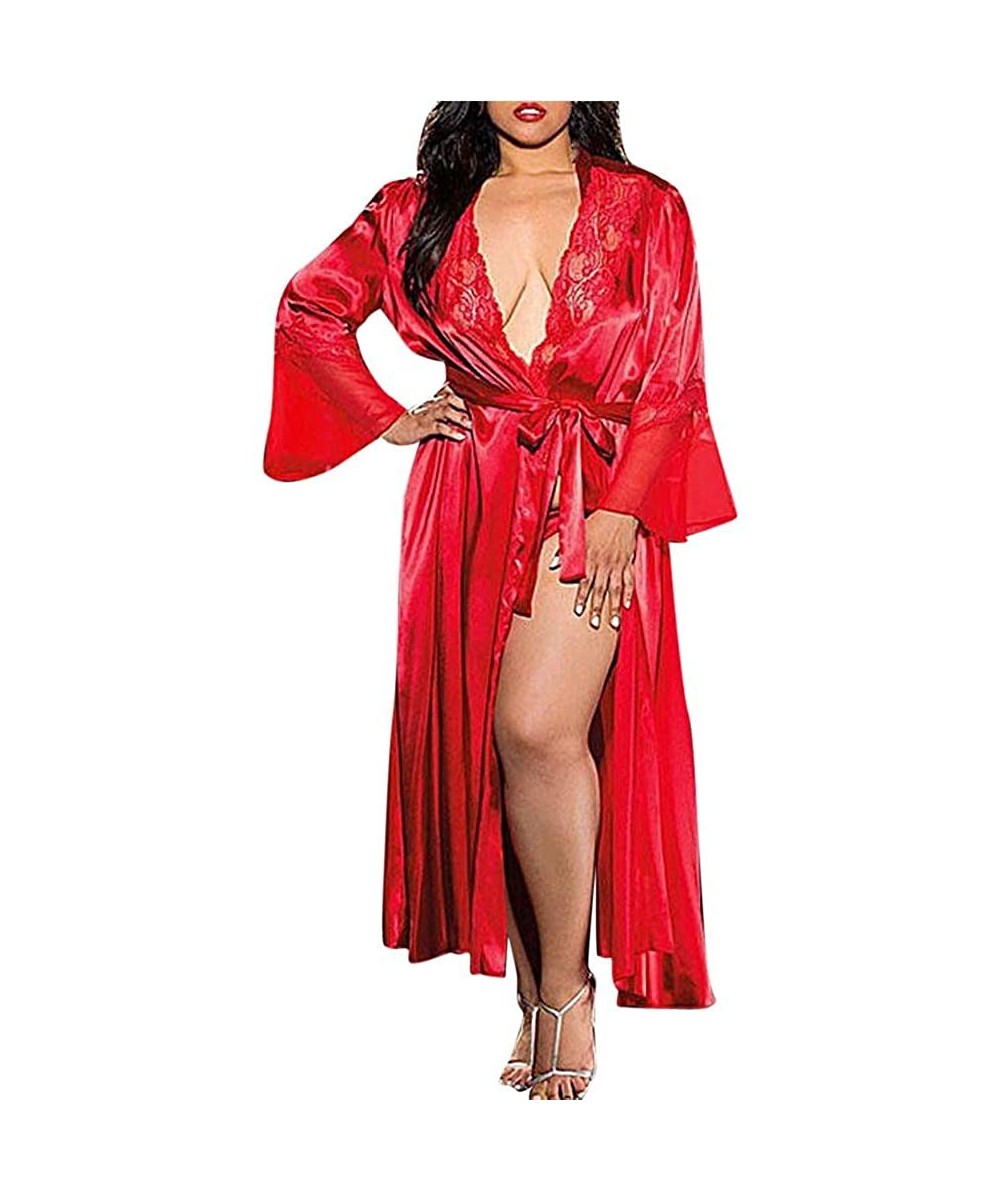 Robes Women Satin Gown Lingerie Womens Long Robe Kimono Gown Lingerie Silk Kimono Lace Nightgown Bath Robe Sleepwear Red - CY...