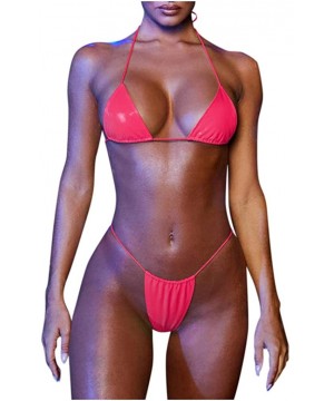 Slips Sexy Halter Patent-Leather Bathing Suit Women's Suspenders Bikini Swimsuit Backless Swimwear - Hot Pink - CH194TIK3S8