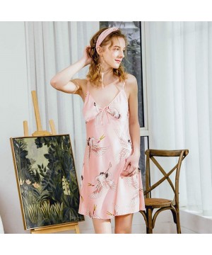 Nightgowns & Sleepshirts Satin Nightshirts Womens Nightwear Spaghetti Strap Nightdress V Neck Sleepwear - Pink - C618WK80CNK