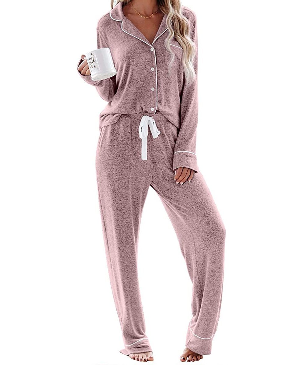 Sets Women's Two-Piece Classic Knit Pajama Sets Long Sleeve Button Down Sleepwear - Pink - CT1997KDLQG