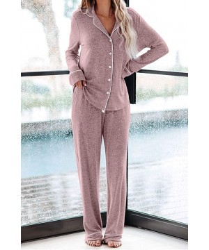 Sets Women's Two-Piece Classic Knit Pajama Sets Long Sleeve Button Down Sleepwear - Pink - CT1997KDLQG