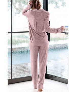 Sets Women's Two-Piece Classic Knit Pajama Sets Long Sleeve Button Down Sleepwear - Pink - CT1997KDLQG